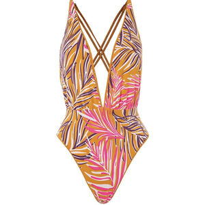 Maaji Caramel Brown Safri Plunge One Piece SwimSuit Reversible Small NWT